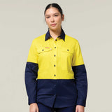 Hard Yakka Women's Koolgear Long Sleeve Hi-Vis 2 Tone Vented Shirt Y08423 in Yellow/Navy