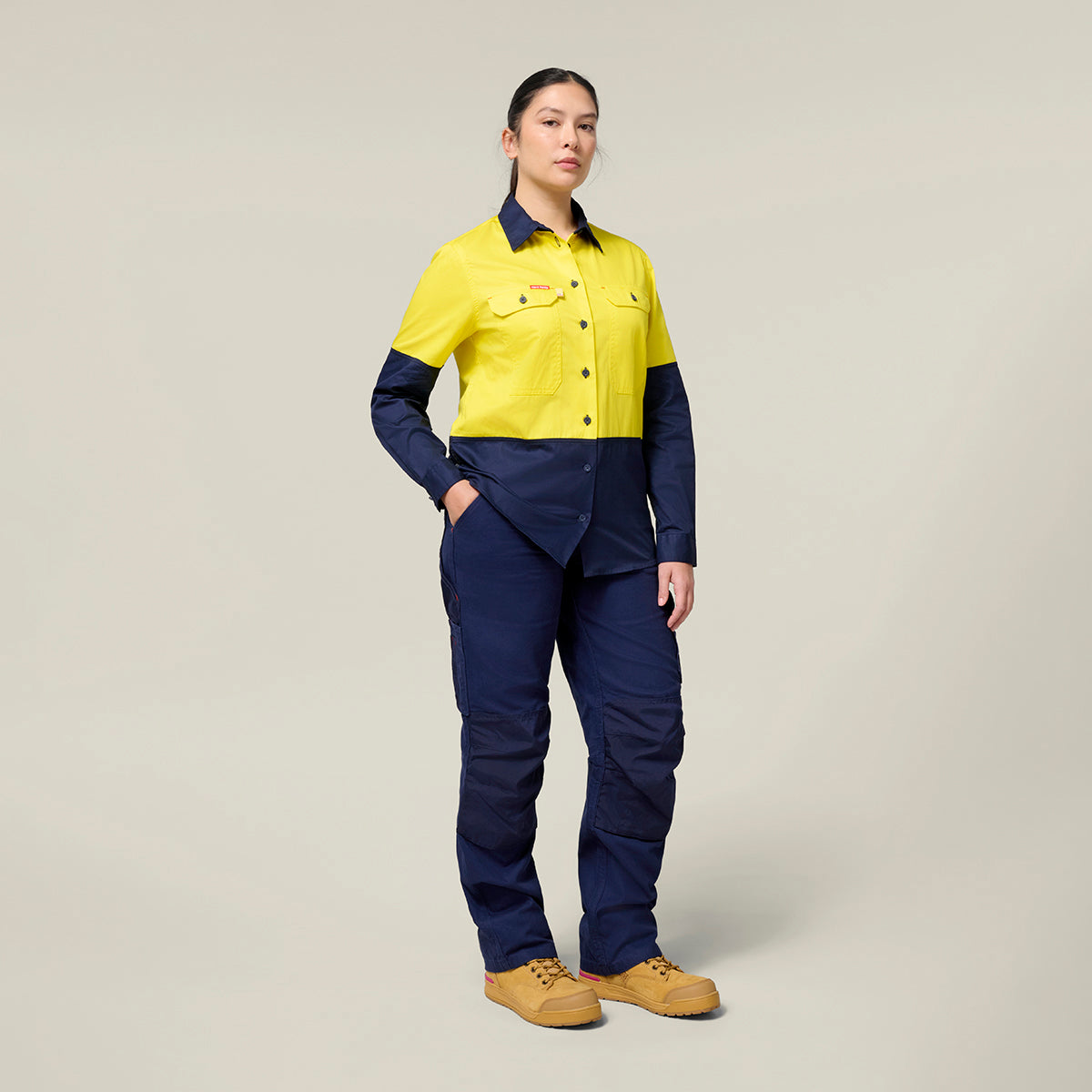 Hard Yakka Women's Koolgear Long Sleeve Hi-Vis 2 Tone Vented Shirt Y08423 in Yellow/Navy