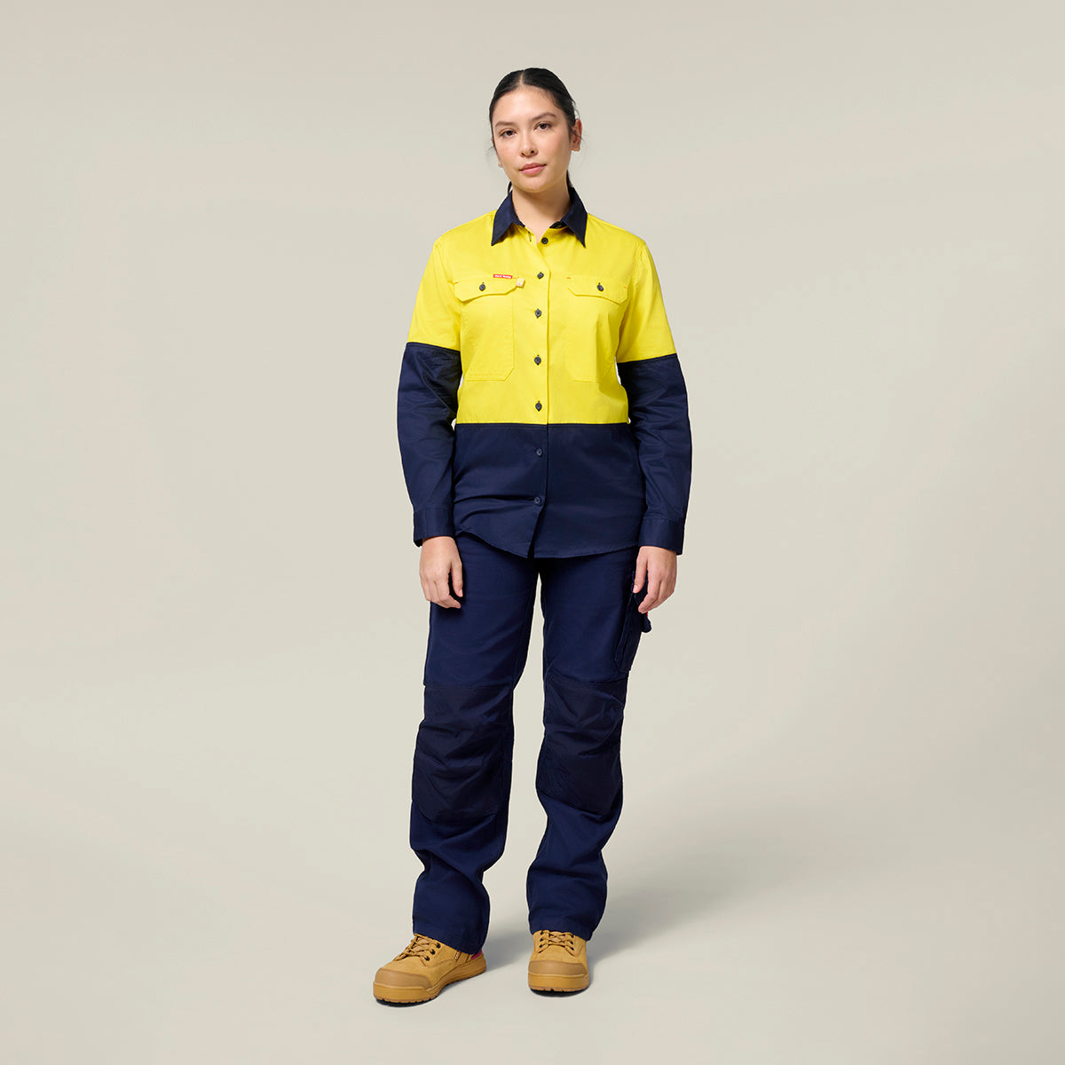 Hard Yakka Women's Koolgear Long Sleeve Hi-Vis 2 Tone Vented Shirt Y08423 in Yellow/Navy