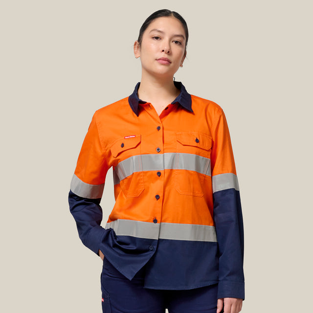 Hard Yakka Women's Koolgear Hi-Vis Lightweight 2 Tone Taped Long Sleeve Shirt Y08805 in Orange/Navy