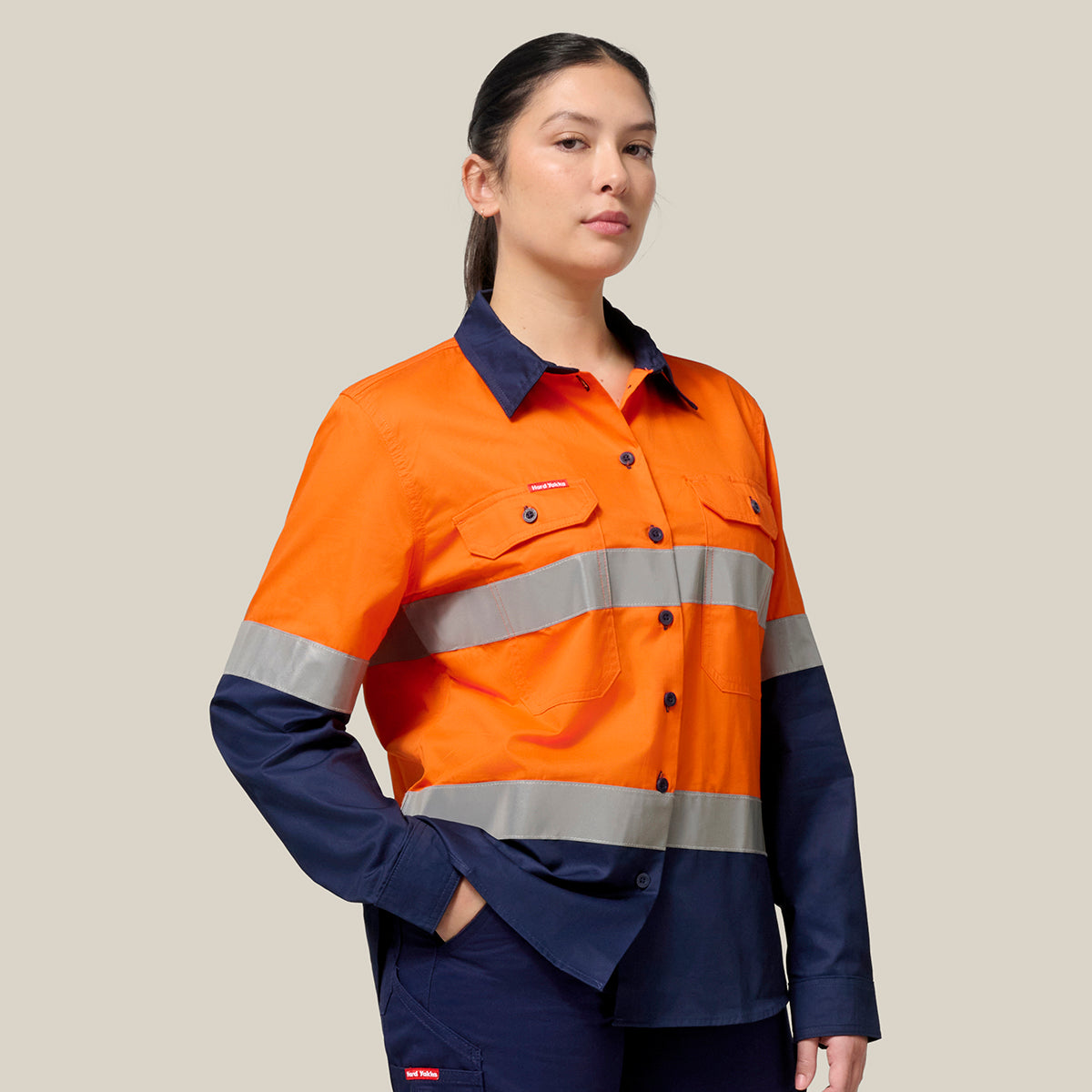 Hard Yakka Women's Koolgear Hi-Vis Lightweight 2 Tone Taped Long Sleeve Shirt Y08805 in Orange/Navy