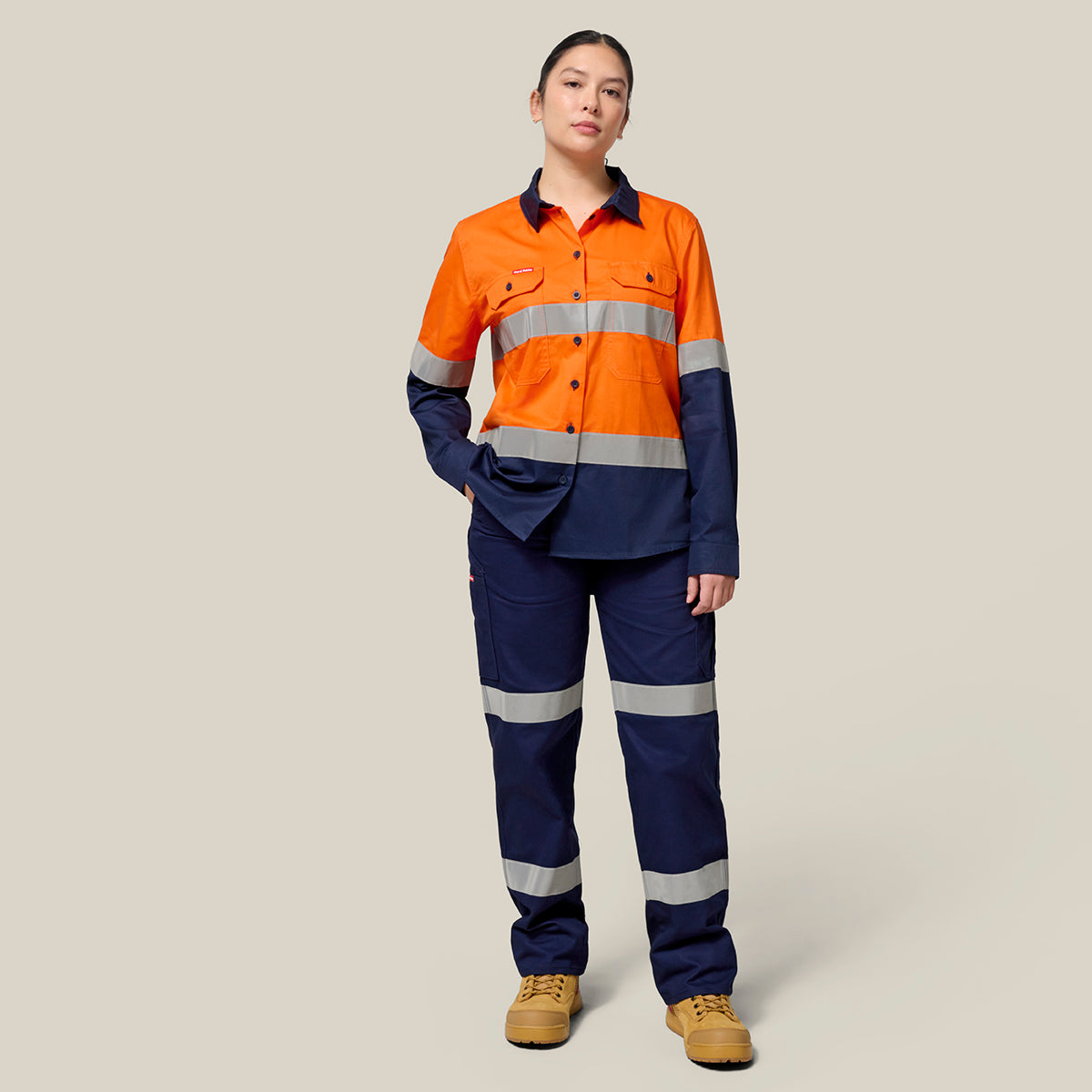 Hard Yakka Women's Koolgear Hi-Vis Lightweight 2 Tone Taped Long Sleeve Shirt Y08805 in Orange/Navy