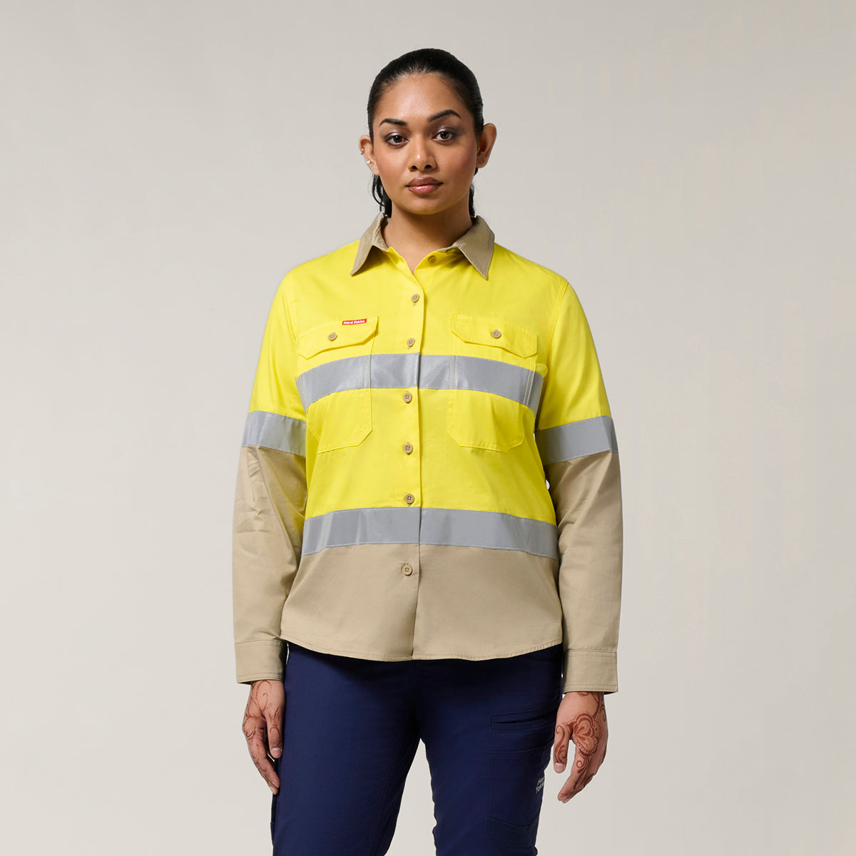 Hard Yakka Women's Koolgear Hi-Vis Lightweight 2 Tone Taped Long Sleeve Shirt Y08805 in Yellow/Khaki