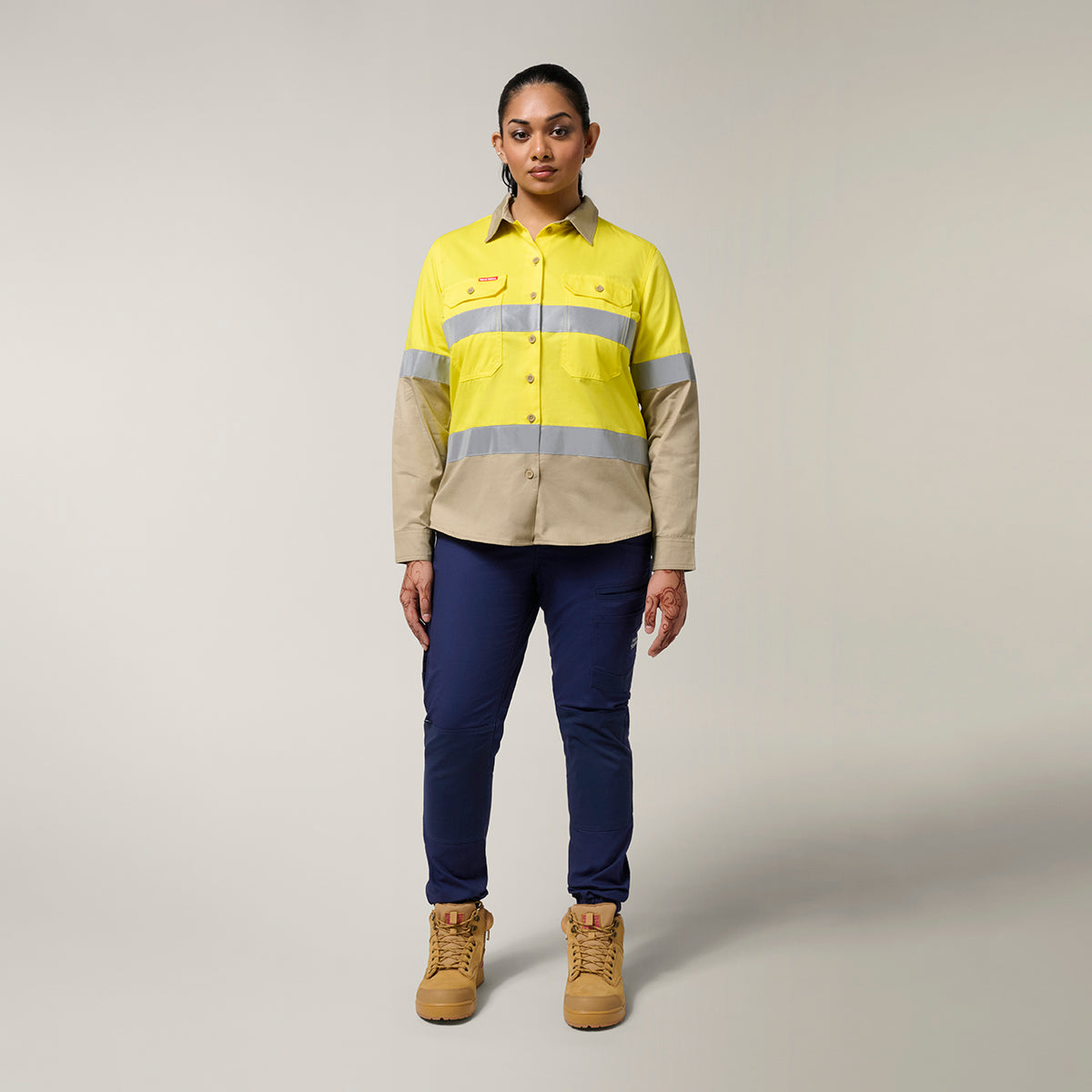 Hard Yakka Women's Koolgear Hi-Vis Lightweight 2 Tone Taped Long Sleeve Shirt Y08805 in Yellow/Khaki