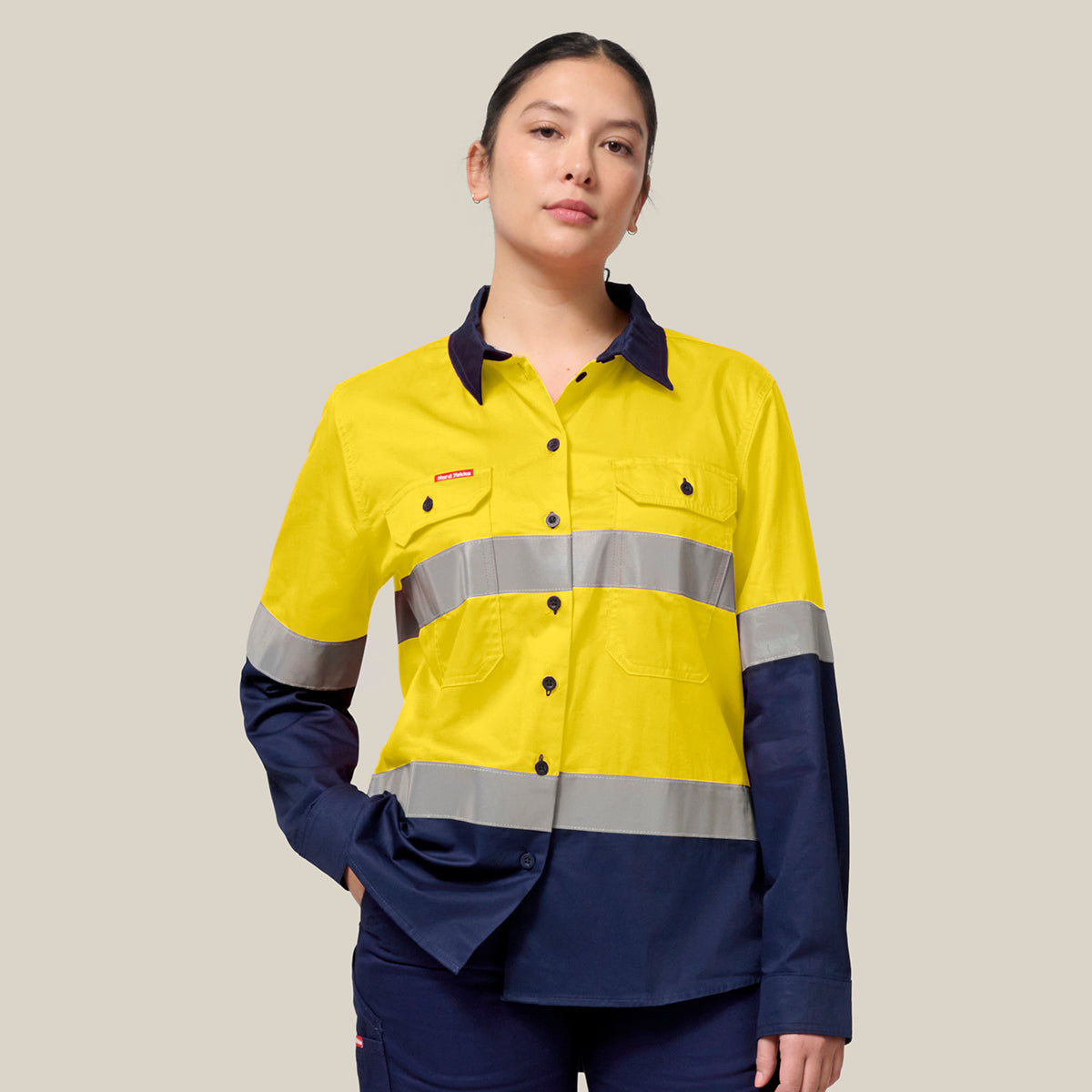 Hard Yakka Women's Koolgear Hi-Vis Lightweight 2 Tone Taped Long Sleeve Shirt Y08805 in Yellow/Navy