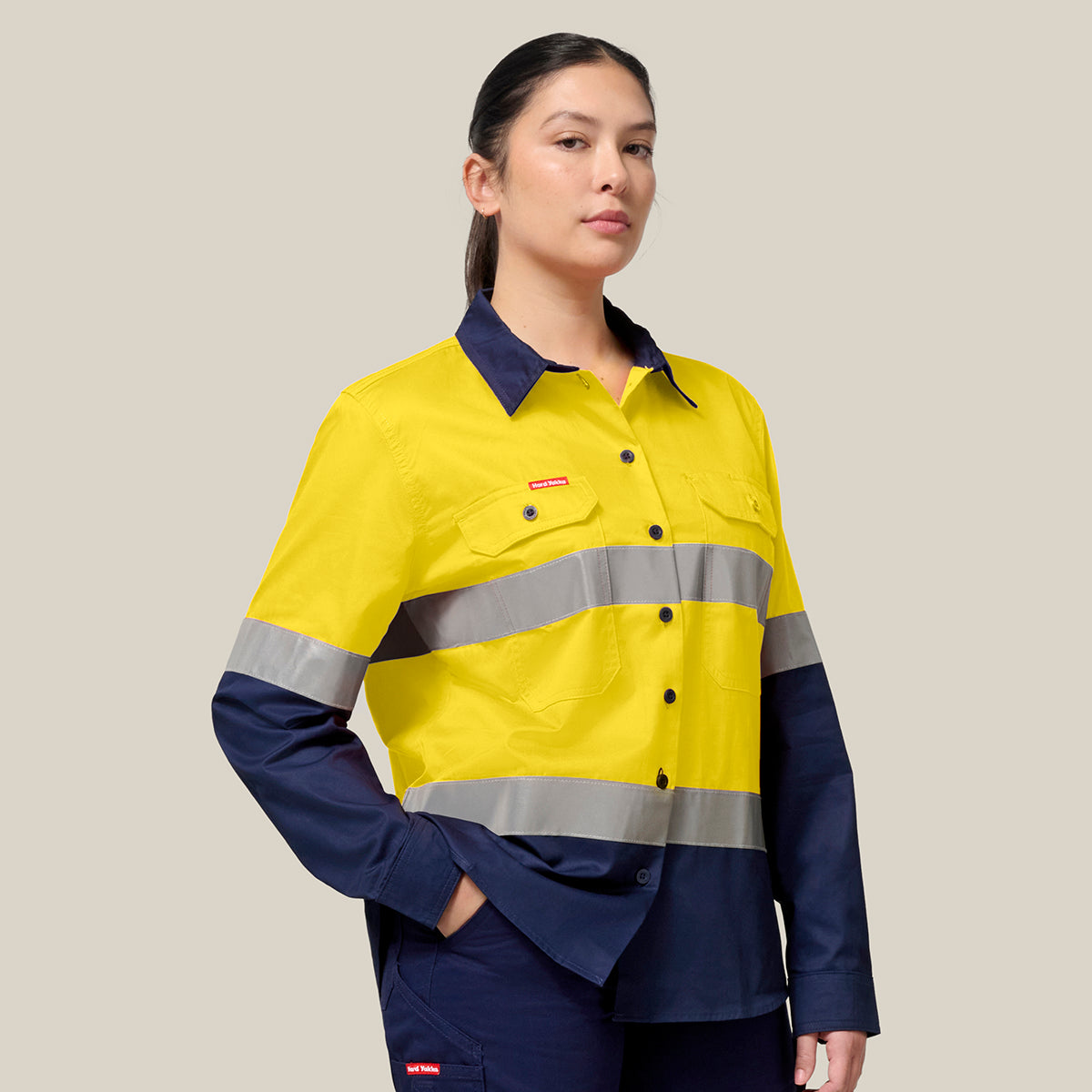 Hard Yakka Women's Koolgear Hi-Vis Lightweight 2 Tone Taped Long Sleeve Shirt Y08805 in Yellow/Navy