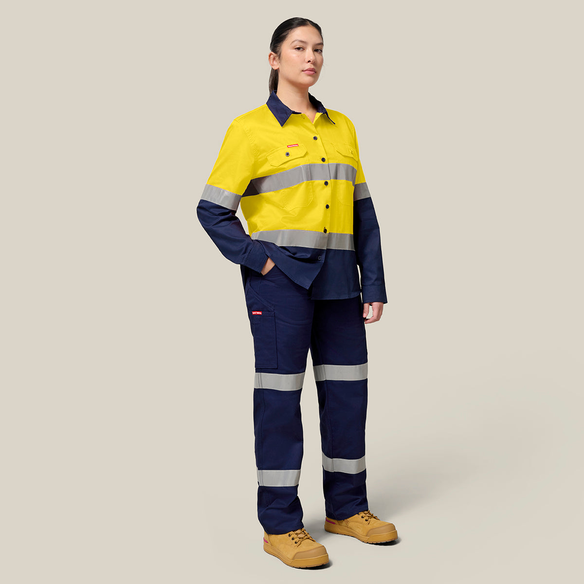 Hard Yakka Women's Koolgear Hi-Vis Lightweight 2 Tone Taped Long Sleeve Shirt Y08805 in Yellow/Navy