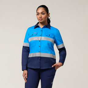 Hard Yakka Women's Koolgear Core Long Sleeve Lightweight Spliced Taped Vented Drill Shirt Y08806 in Blue/Navy