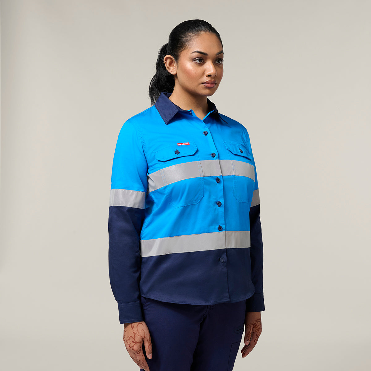Hard Yakka Women's Koolgear Core Long Sleeve Lightweight Spliced Taped Vented Drill Shirt Y08806 in Blue/Navy