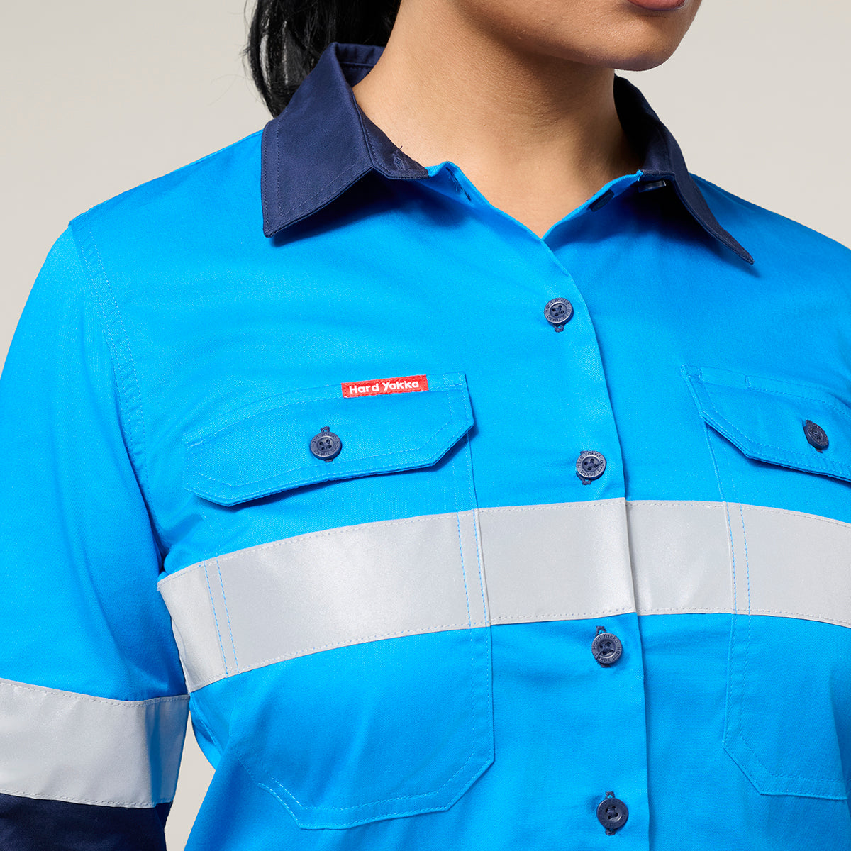 Hard Yakka Women's Koolgear Core Long Sleeve Lightweight Spliced Taped Vented Drill Shirt Y08806 in Blue/Navy
