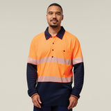 Hard Yakka Koolgear Core Hi-Vis 2 Tone Taped Vented Long Sleeve Polo Y11379 in Orange/Navy