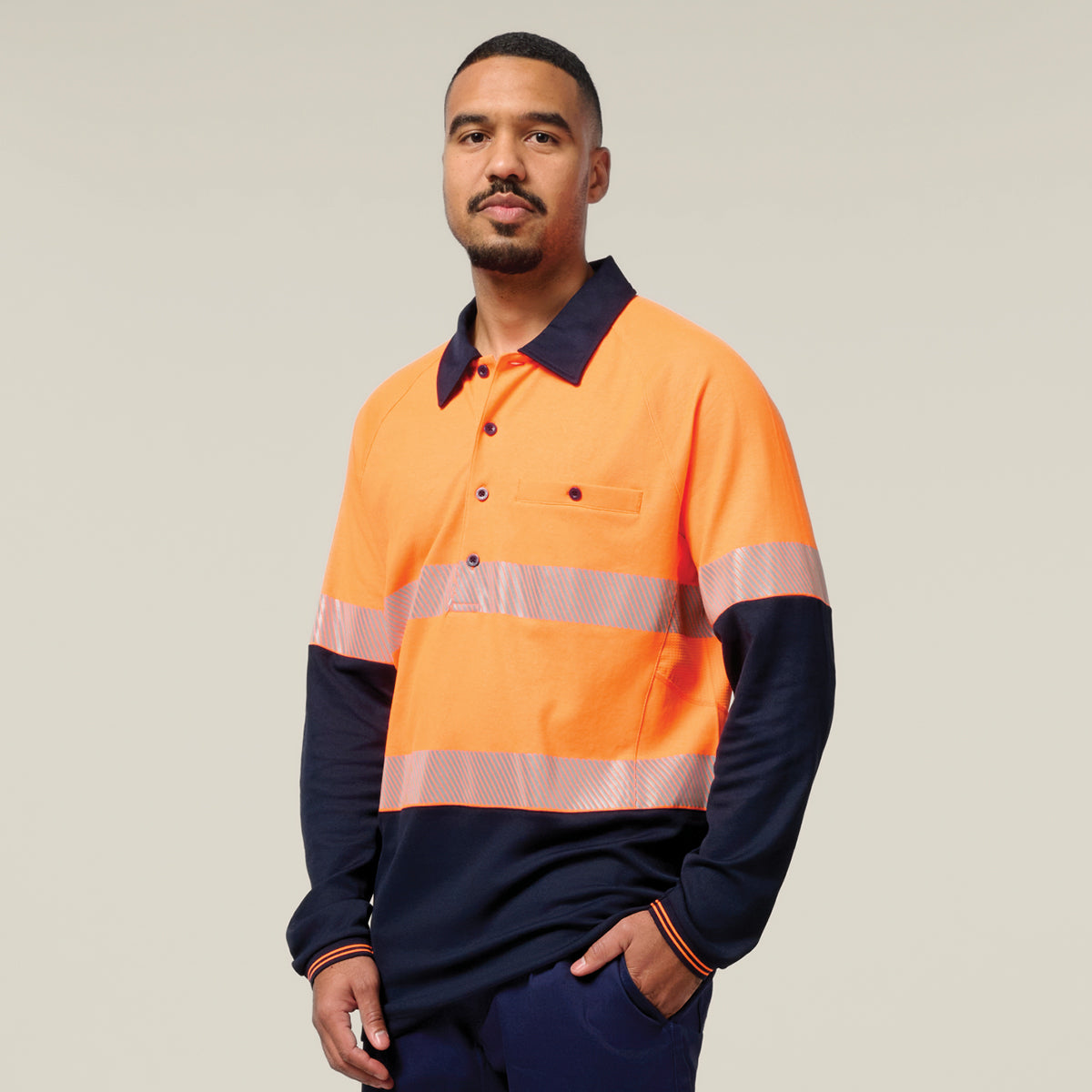 Hard Yakka Koolgear Core Hi-Vis 2 Tone Taped Vented Long Sleeve Polo Y11379 in Orange/Navy