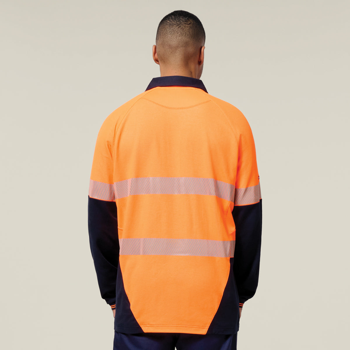 Hard Yakka Koolgear Core Hi-Vis 2 Tone Taped Vented Long Sleeve Polo Y11379 in Orange/Navy