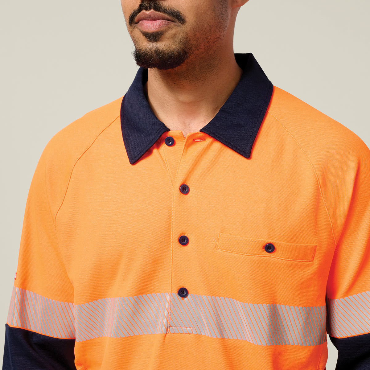 Hard Yakka Koolgear Core Hi-Vis 2 Tone Taped Vented Long Sleeve Polo Y11379 in Orange/Navy
