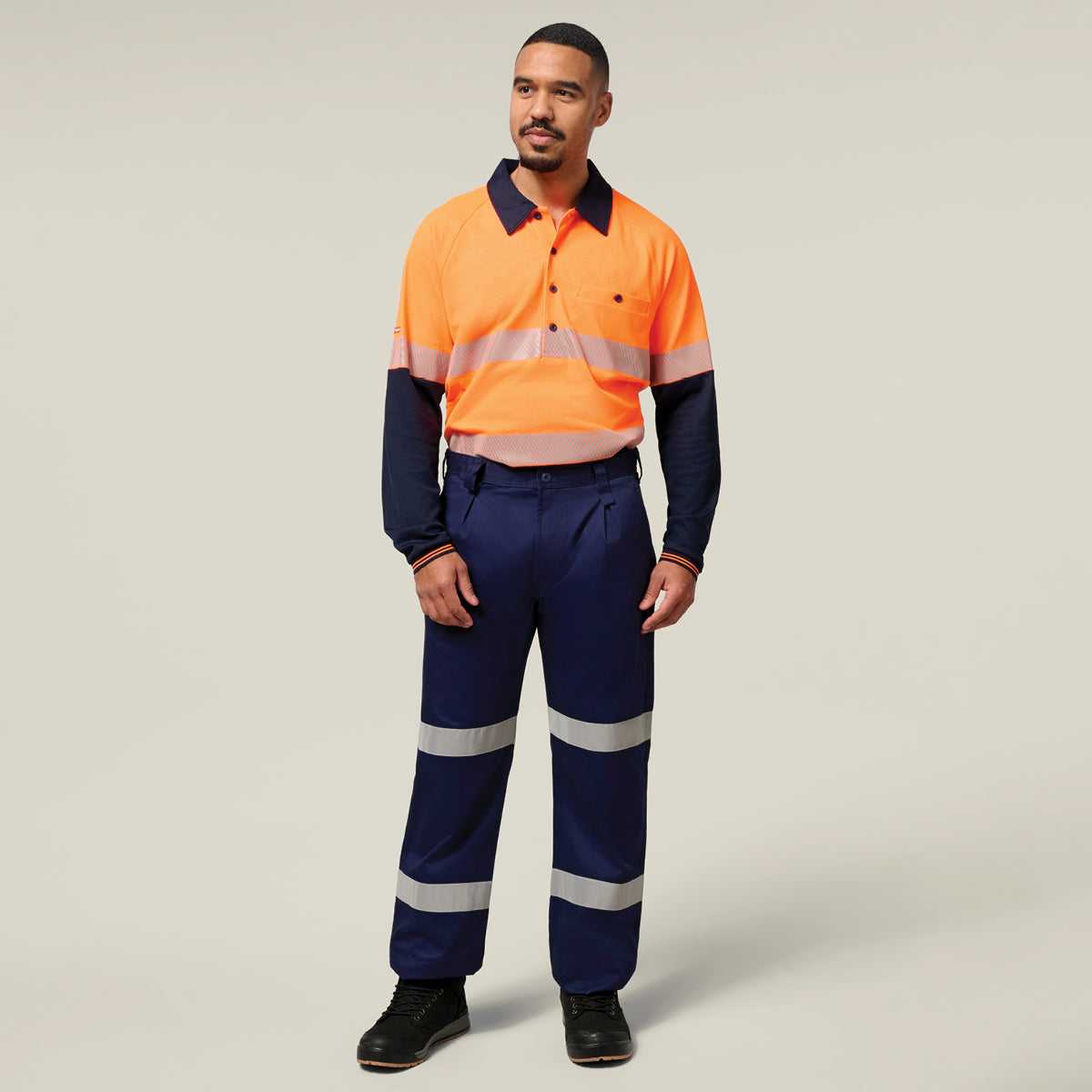 Hard Yakka Koolgear Core Hi-Vis 2 Tone Taped Vented Long Sleeve Polo Y11379 in Orange/Navy