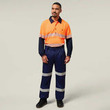Hard Yakka Koolgear Core Hi-Vis 2 Tone Taped Vented Long Sleeve Polo Y11379 in Orange/Navy