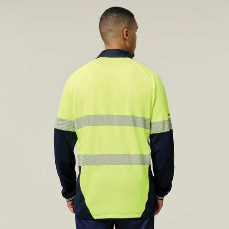 Hard Yakka Koolgear Core Hi-Vis 2 Tone Taped Vented Long Sleeve Polo Y11379 in Yellow/Navy
