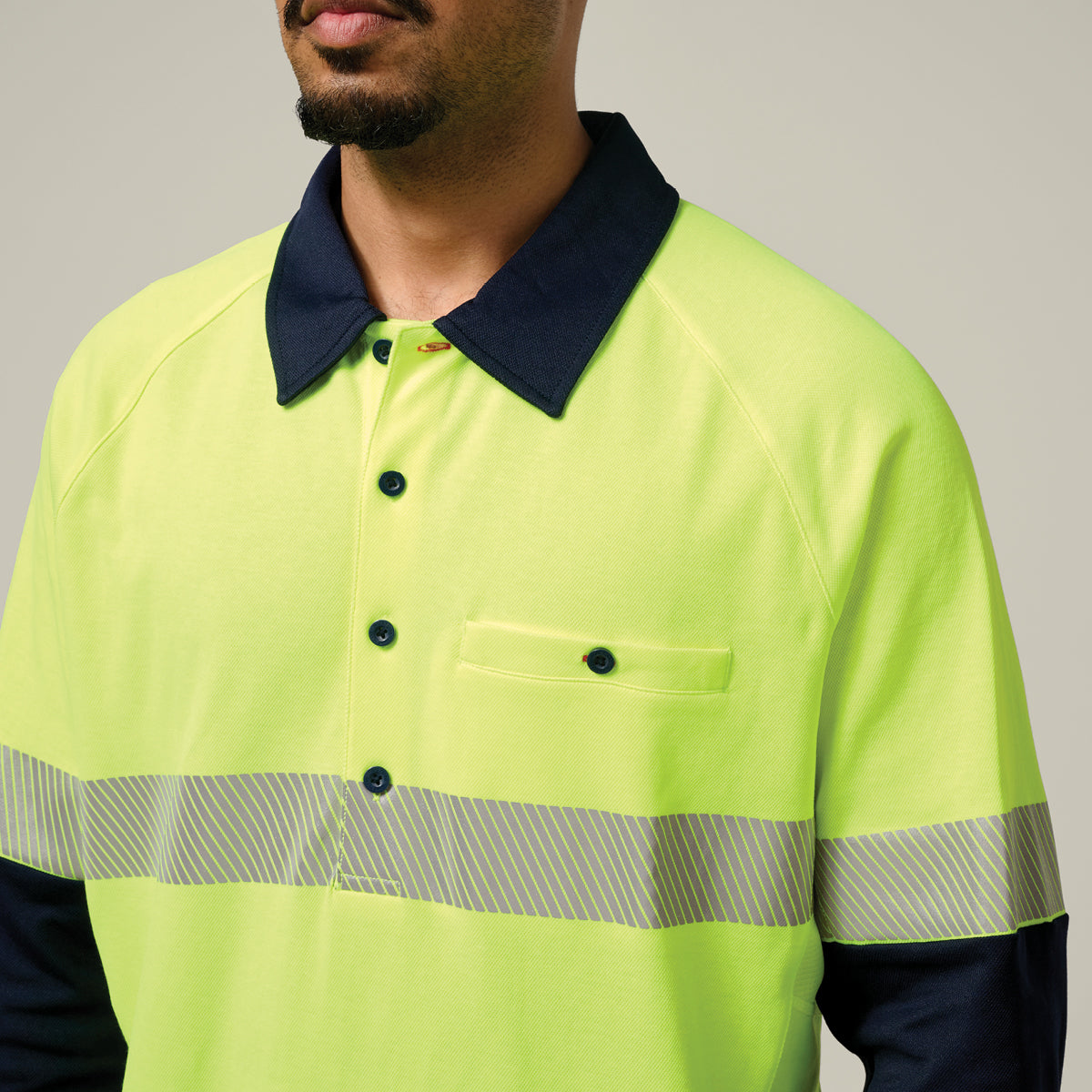 Hard Yakka Koolgear Core Hi-Vis 2 Tone Taped Vented Long Sleeve Polo Y11379 in Yellow/Navy