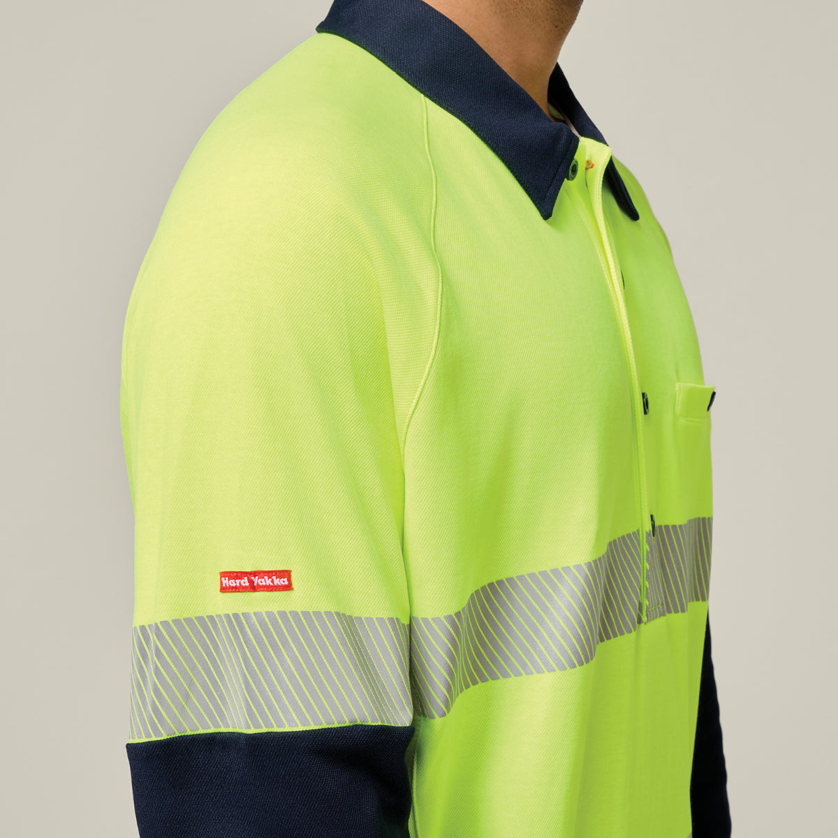 Hard Yakka Koolgear Core Hi-Vis 2 Tone Taped Vented Long Sleeve Polo Y11379 in Yellow/Navy