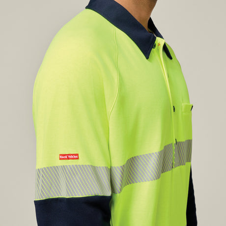 Hard Yakka Koolgear Core Hi-Vis 2 Tone Taped Vented Long Sleeve Polo Y11379 in Yellow/Navy