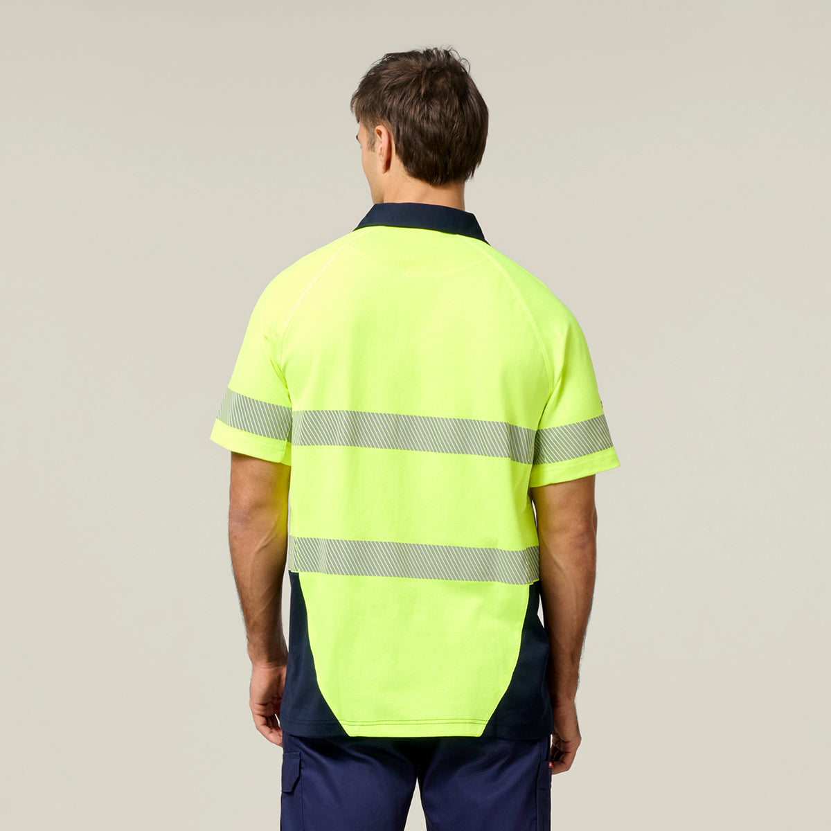 Hard Yakka Koolgear Core Hi-Vis 2 Tone Taped Vented Short Sleeve Polo Y11383 in Yellow/Navy
