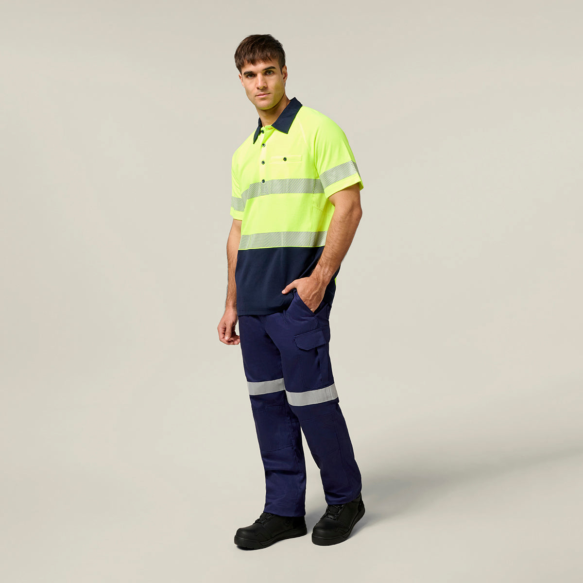 Hard Yakka Koolgear Core Hi-Vis 2 Tone Taped Vented Short Sleeve Polo Y11383 in Yellow/Navy