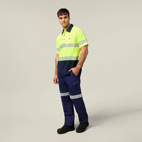 Hard Yakka Koolgear Core Hi-Vis 2 Tone Taped Vented Short Sleeve Polo Y11383 in Yellow/Navy