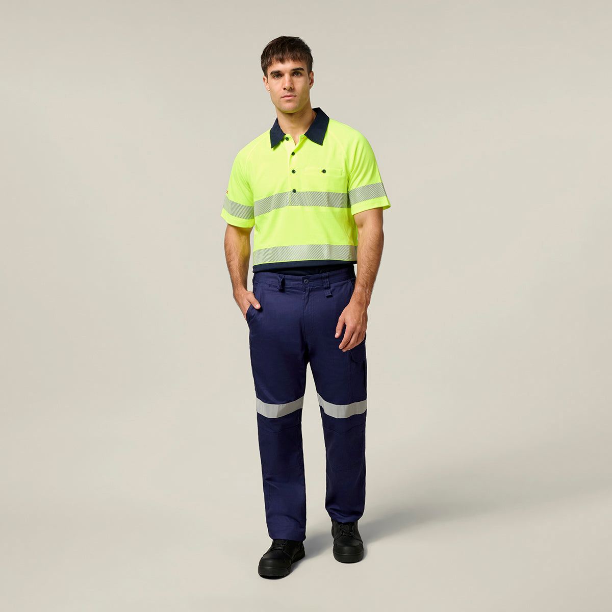 Hard Yakka Koolgear Core Hi-Vis 2 Tone Taped Vented Short Sleeve Polo Y11383 in Yellow/Navy