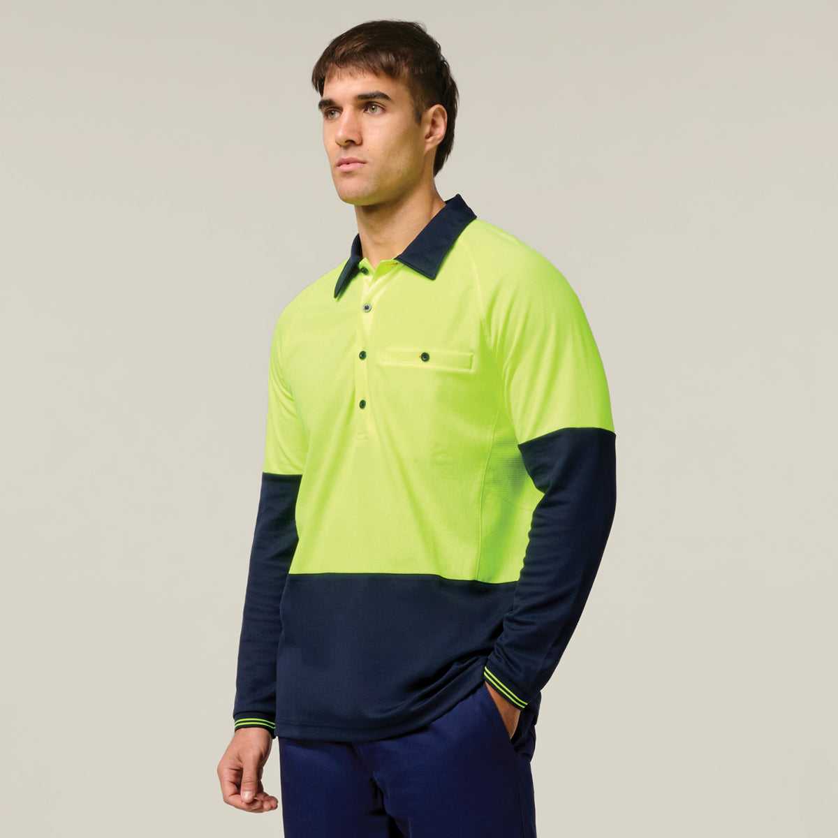 Hard Yakka Koolgear Core Hi-Vis 2 Tone Vented Long Sleeve Polo Y11389 in Yellow/Navy