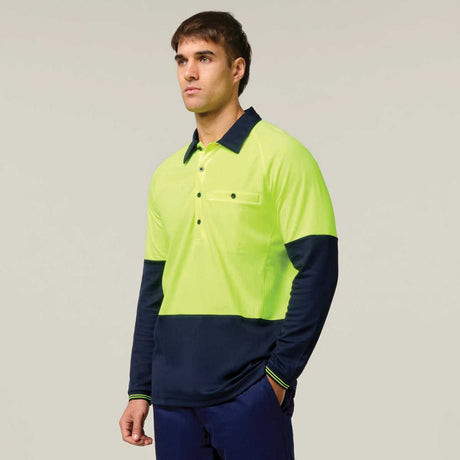 Hard Yakka Koolgear Core Hi-Vis 2 Tone Vented Long Sleeve Polo Y11389 in Yellow/Navy