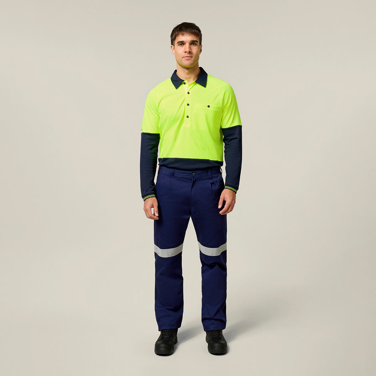 Hard Yakka Koolgear Core Hi-Vis 2 Tone Vented Long Sleeve Polo Y11389 in Yellow/Navy