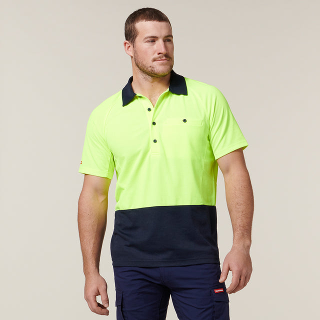 Hard Yakka Koolgear Core Hi-Vis 2 Tone Vented Short Sleeve Polo Y11396 in Yellow/Navy