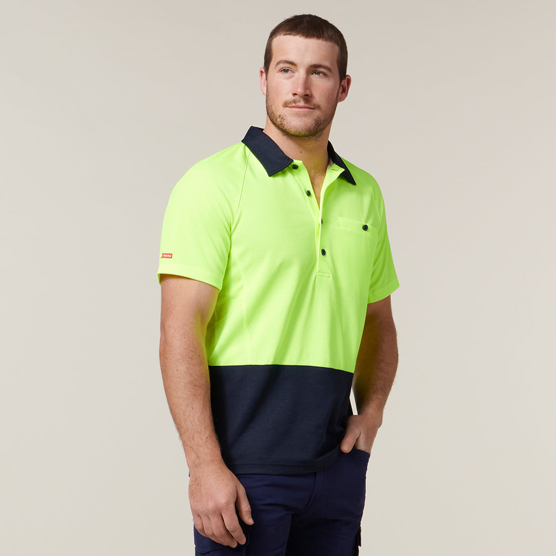 Hard Yakka Koolgear Core Hi-Vis 2 Tone Vented Short Sleeve Polo Y11396 in Yellow/Navy