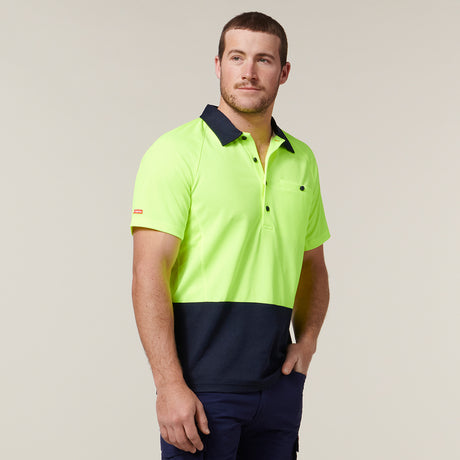 Hard Yakka Koolgear Core Hi-Vis 2 Tone Vented Short Sleeve Polo Y11396 in Yellow/Navy
