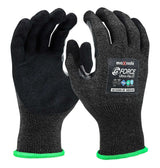 Maxisafe G-Force Ultra-Flex 21 GCU240 Cut F glove, pair showing the black sandy nitrile palm and the back of the hand with label