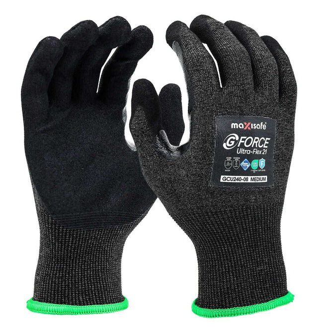Maxisafe G-Force Ultra-Flex 21 GCU240 Cut F glove, pair showing the black sandy nitrile palm and the back of the hand with label