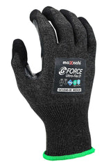 Back of the Maxisafe G-Force Ultra-Flex 21 GCU240 glove, size M, with the EN388 4X42F and Cut F label