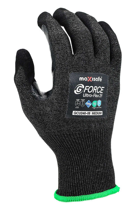 Back of the Maxisafe G-Force Ultra-Flex 21 GCU240 glove, size M, with the EN388 4X42F and Cut F label