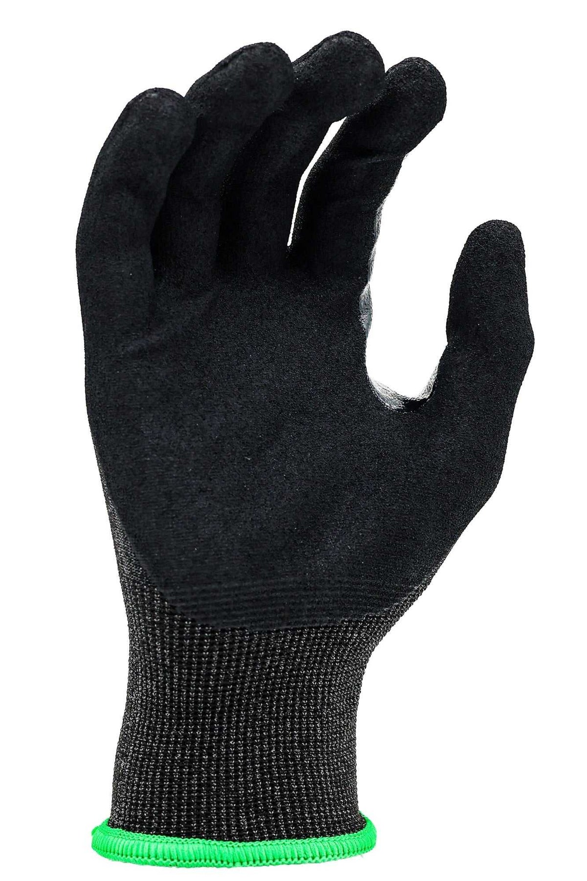 Palm of the Maxisafe G-Force Ultra-Flex 21 GCU240 glove with black sandy nitrile coating and green hem