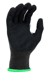 Palm of the Maxisafe G-Force Ultra-Flex 21 GCU240 glove with black sandy nitrile coating and green hem