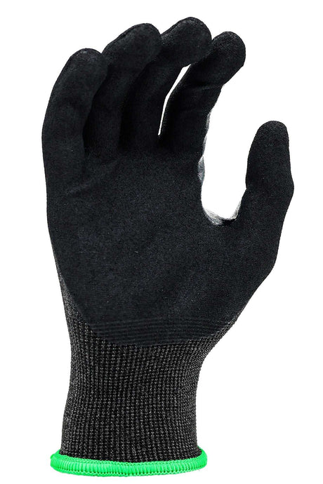 Palm of the Maxisafe G-Force Ultra-Flex 21 GCU240 glove with black sandy nitrile coating and green hem