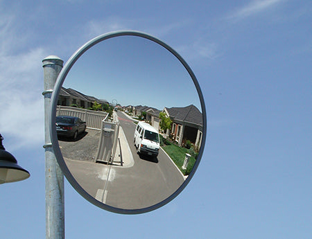 Outdoor heavy duty acrylic convex mirror mounted on a pole