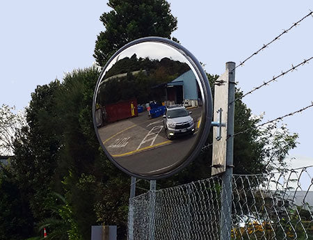 Outdoor heavy duty stainless steel convex mirror mounted on a pole