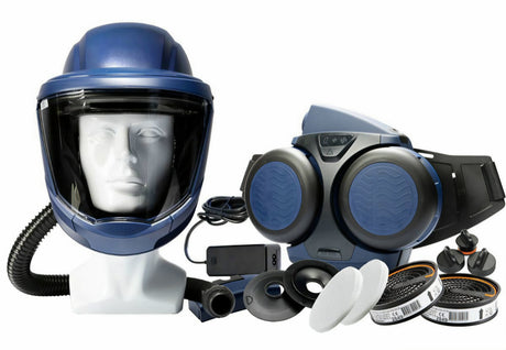 A blue and black full-face helmet with a clear visor displayed on a white mannequin head, alongside matching blue and black filter system, foam pads, and filter cartridges on a white background.
